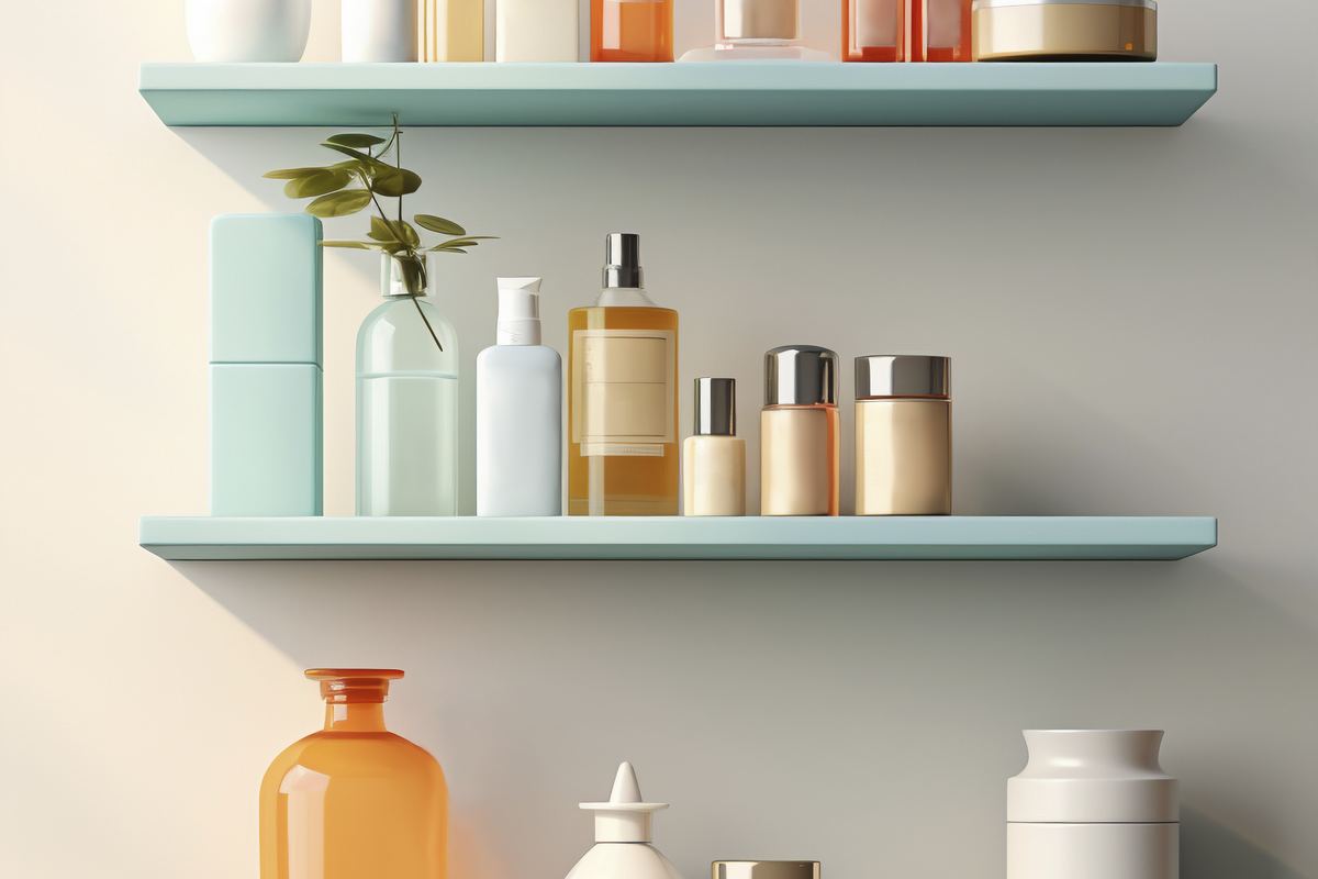 Assortment of dermatology and skincare products displayed on shelves, representing a derma franchise product portfolio